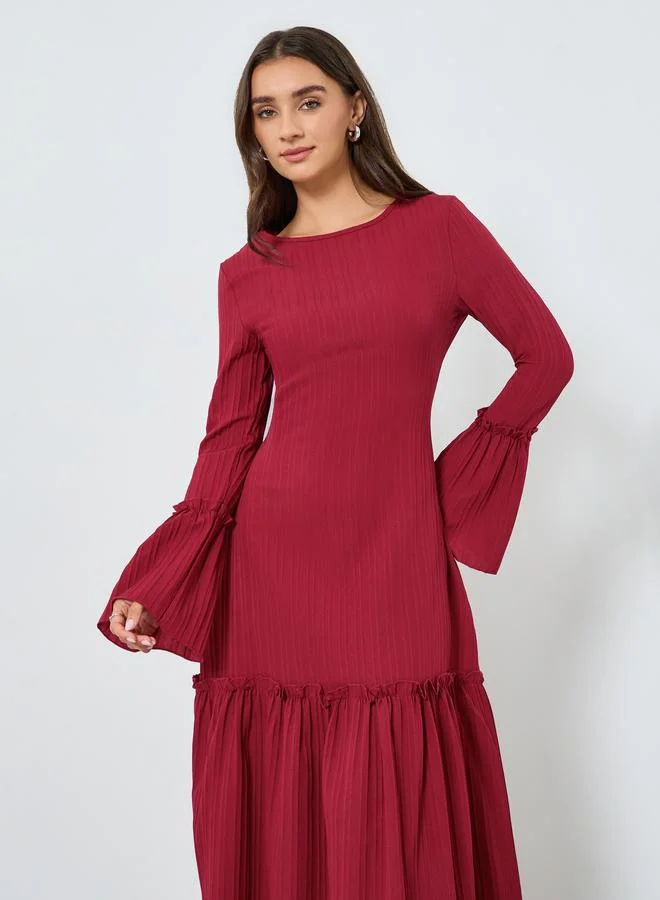 Styli Women Burgundy Textured A-Line Midi Dress